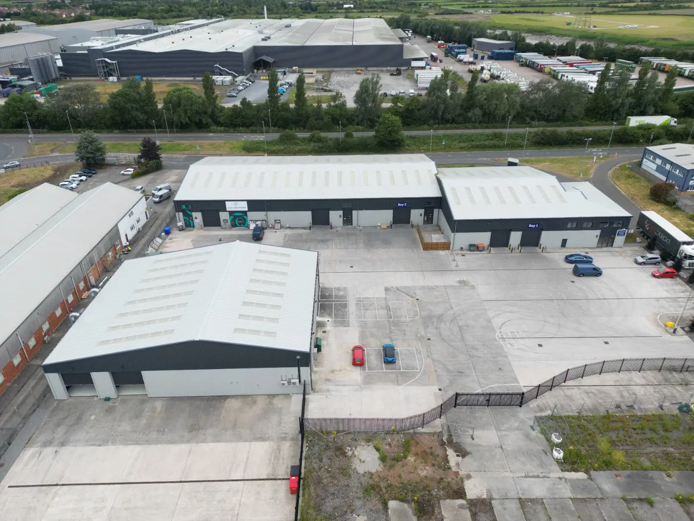 Aerial view across both refurbished buildings