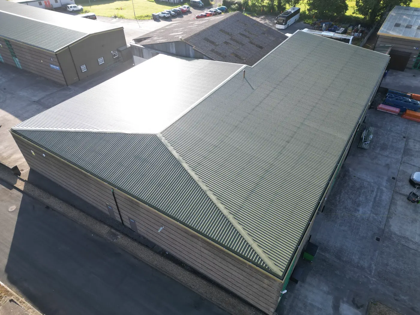 Aerial view of the overclad roof on Cadbury Building B