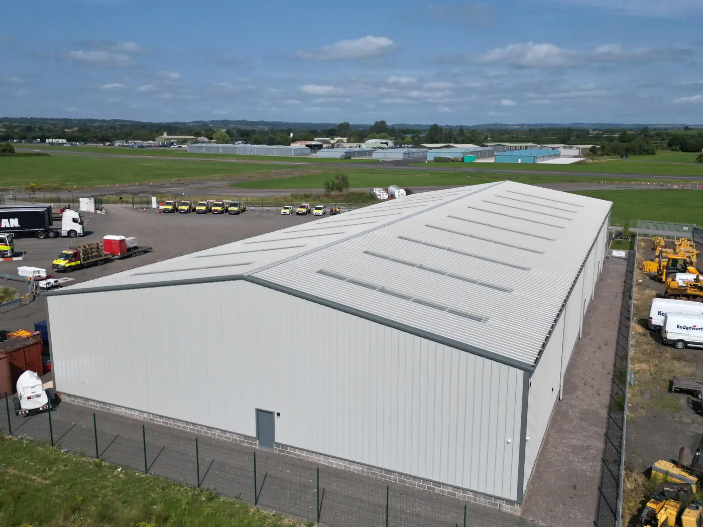 Aerial view of the completed warehouse elevations and roof