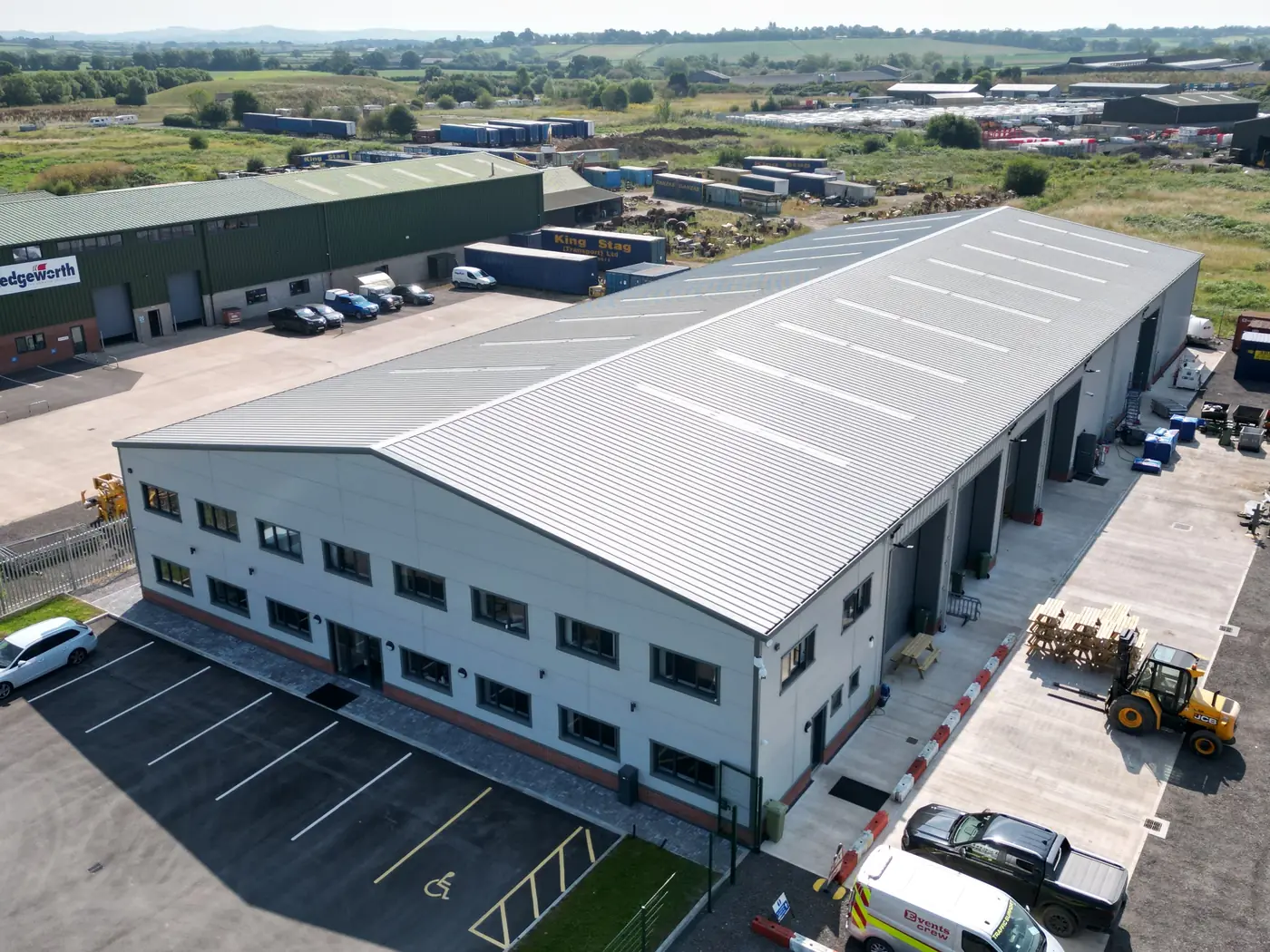 Aerial view of the completed warehouse and offices at Henstridge Airfield